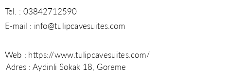 Tulip Cave Suites telefon numaralar, faks, e-mail, posta adresi ve iletiim bilgileri